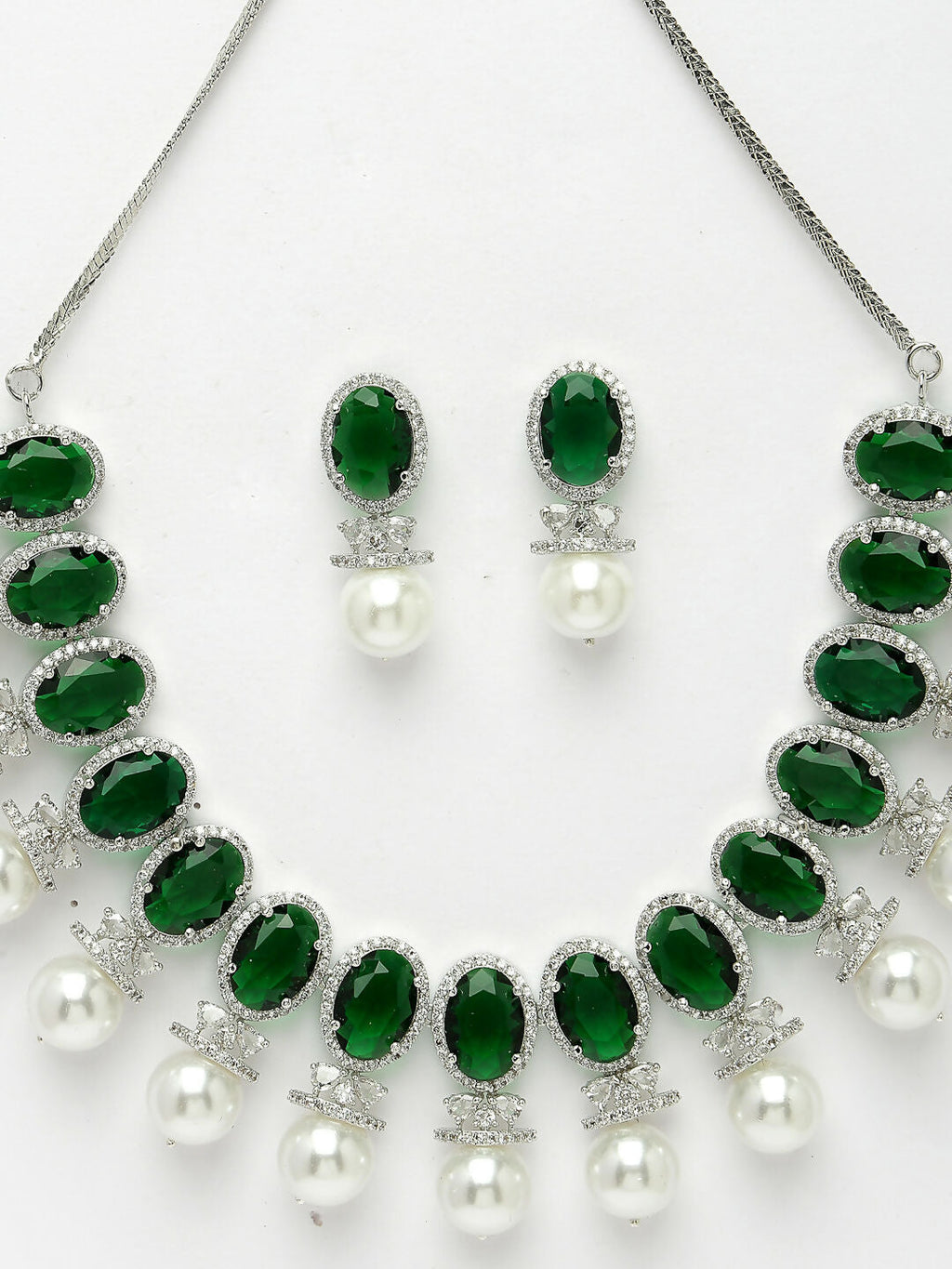 NVR Women's Silver-Plated Green American Diamond Studded Handcrafted Jewellery Set