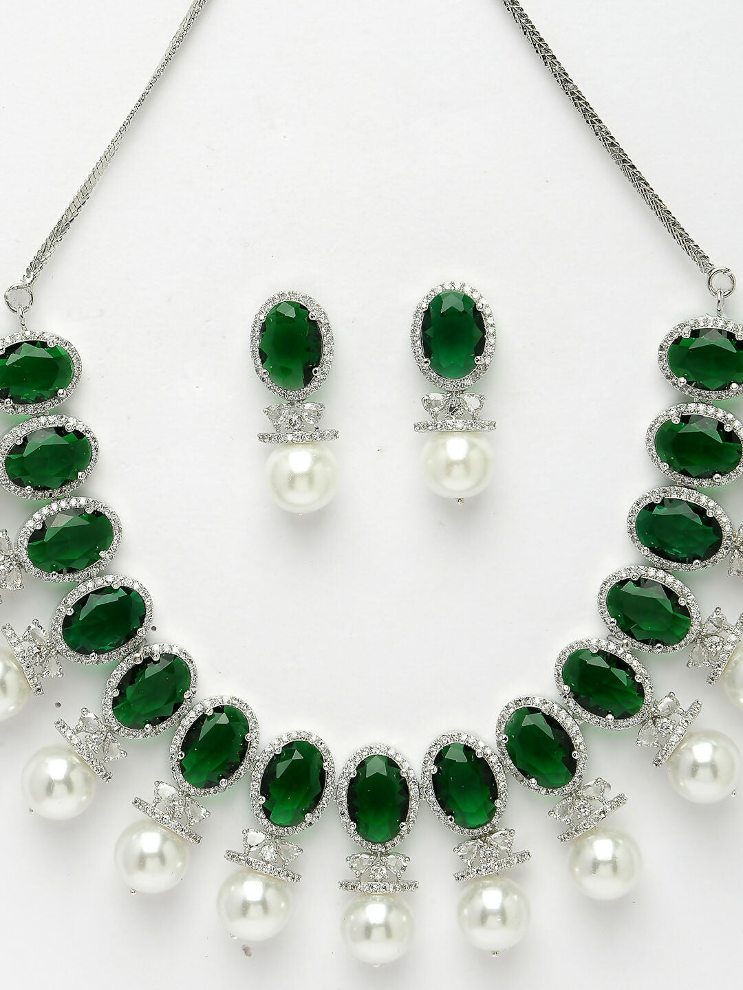 NVR Women's Silver-Plated Green American Diamond Studded Handcrafted Jewellery Set