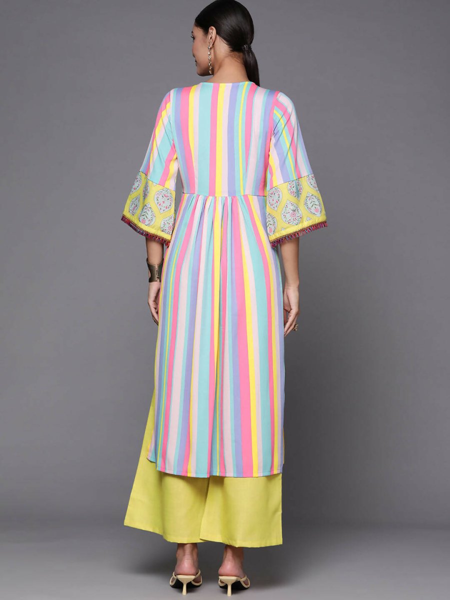 Ahalyaa Women Neon Green & Blue Candy Striped Kurta with Palazzos - Distacart