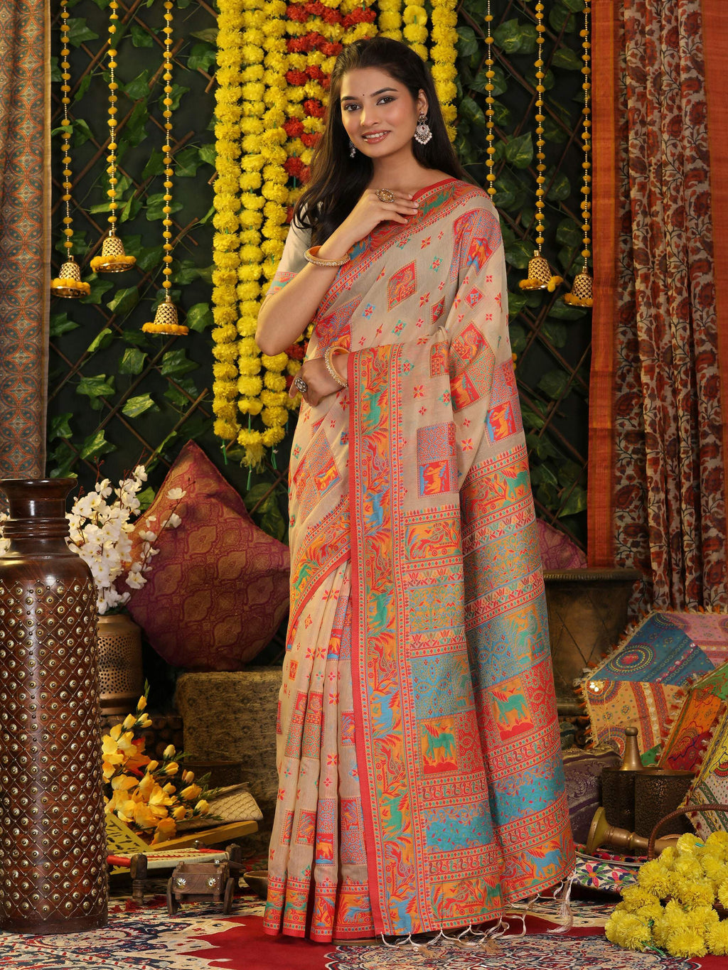 Shree Shyam Fashion Linen Cotton Off White Saree - Distacart