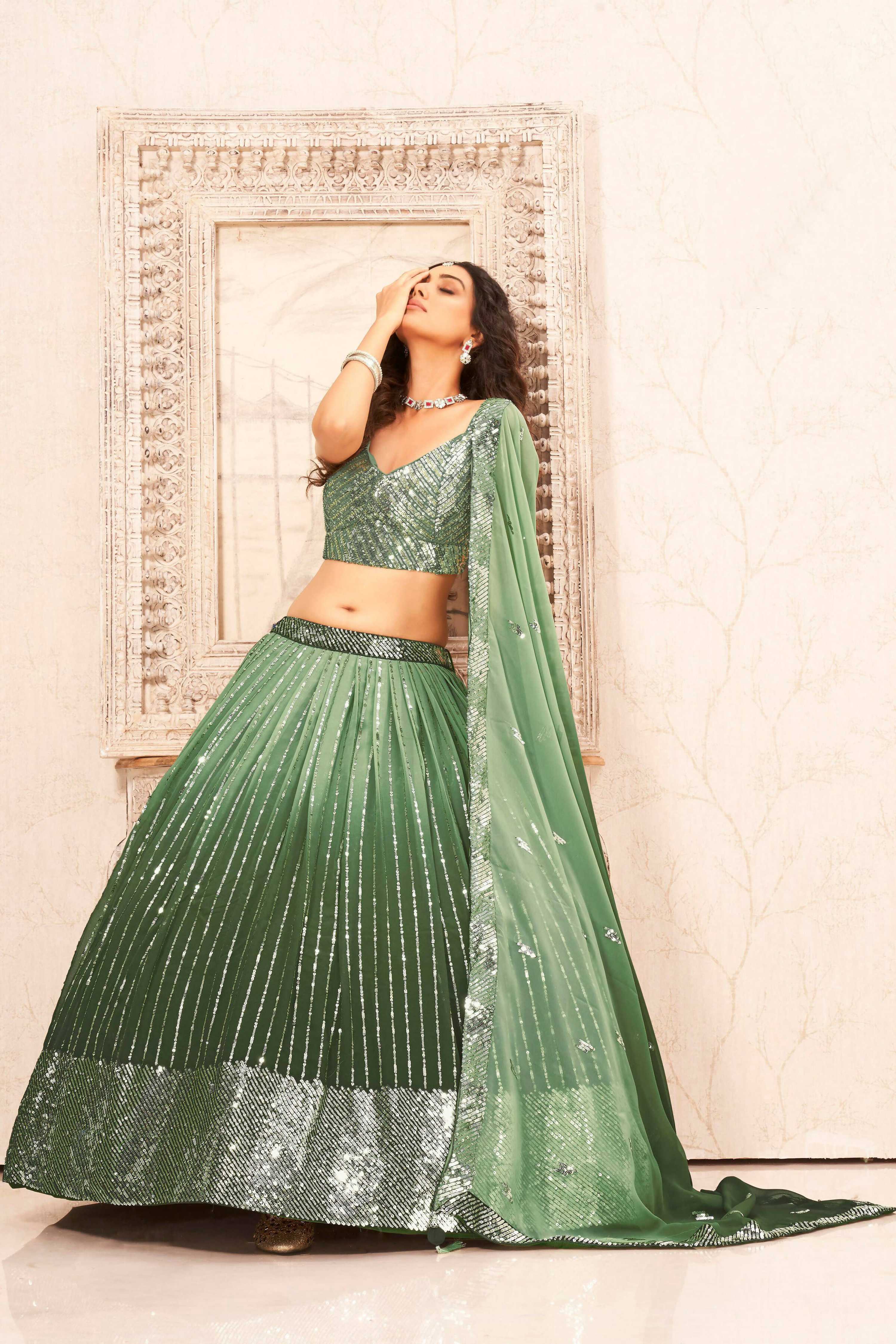 Green Faux Georgette Heavy Sequence work Lehenga Choli with Dupatta - Dhvani