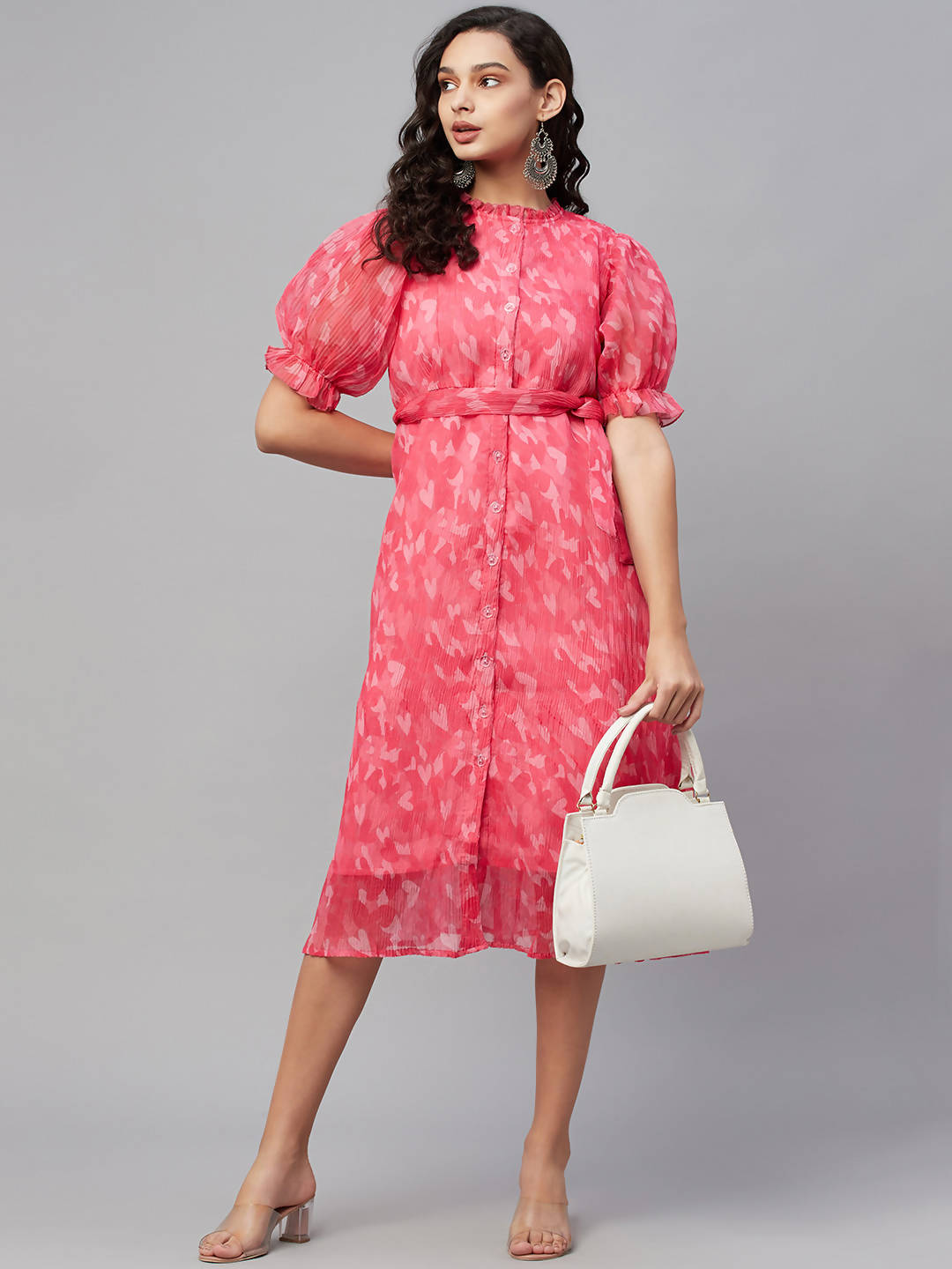 Myshka Women Pink Printed Half Sleeve Round Dress - Distacart