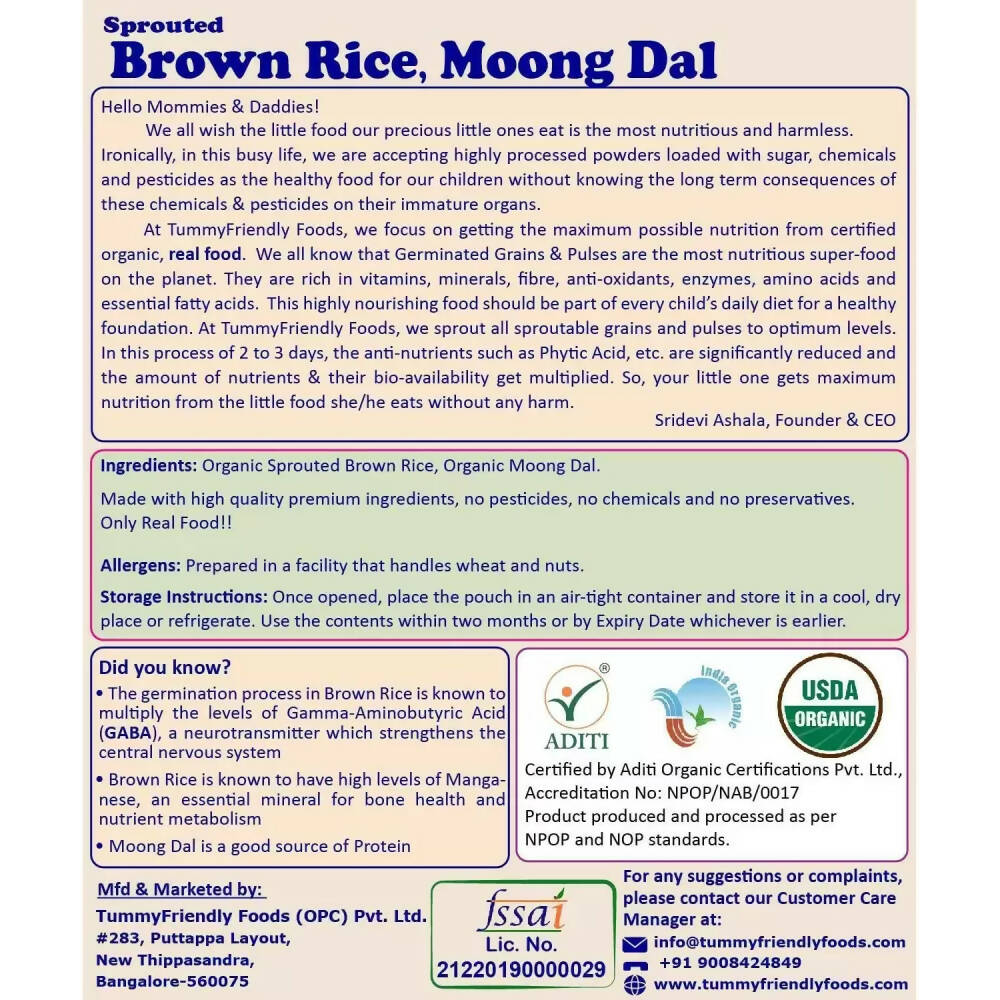 TummyFriendly Foods Organic Sprouted Brown Rice, Moong Dal Porridge Mix - Distacart