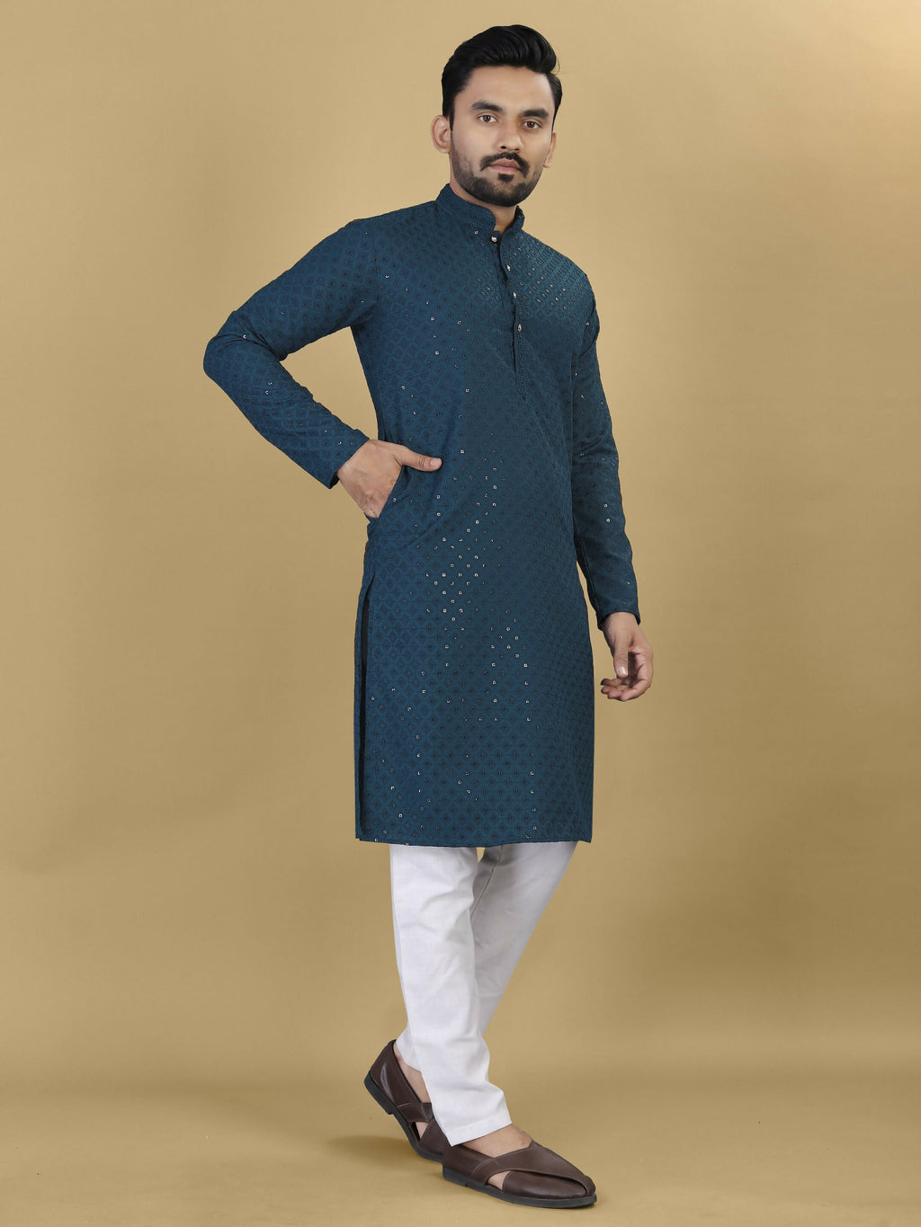 Anaita Teal Embroidered Rayon Straight Kurta