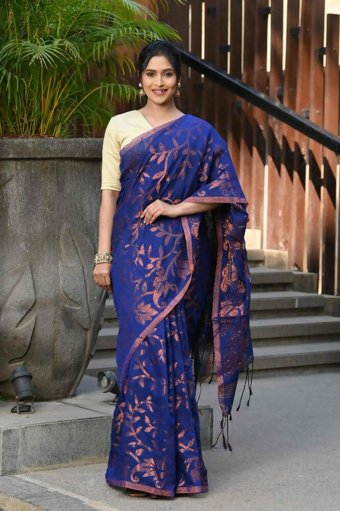 Beatitude Blue Cotton Floral Jamdani Saree