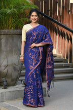 Beatitude Blue Cotton Floral Jamdani Saree