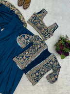 Teeya Creation Teal Color Chinon Silk Embroidery Work Ready To Wear Party Wear Saree With Koti - Distacart