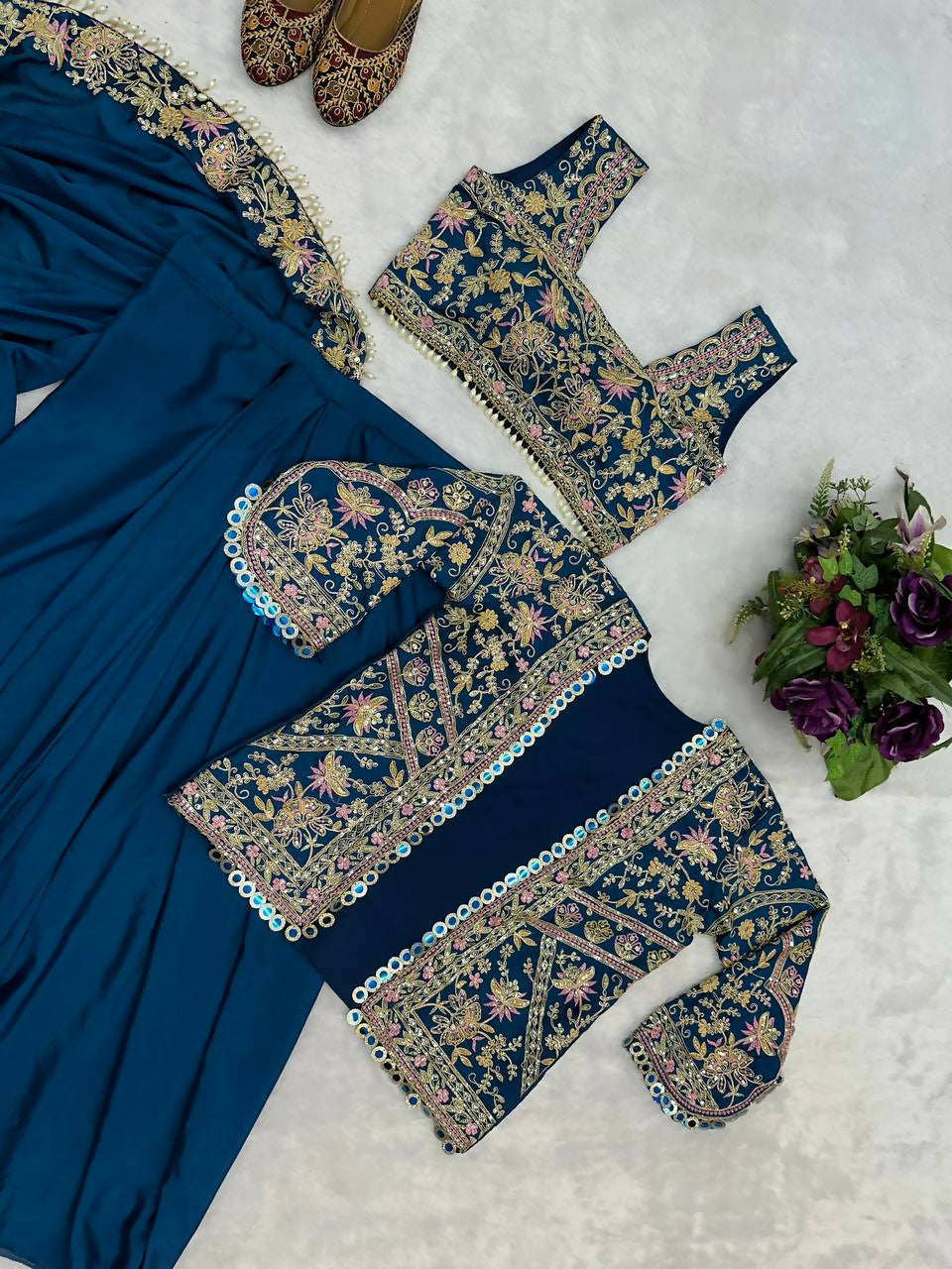 Teeya Creation Teal Color Chinon Silk Embroidery Work Ready To Wear Party Wear Saree With Koti - Distacart