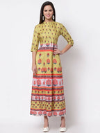 Myshka Women's Multi Cotton Printed 3/4 Sleeve Mandarin Neck Casual Dress
