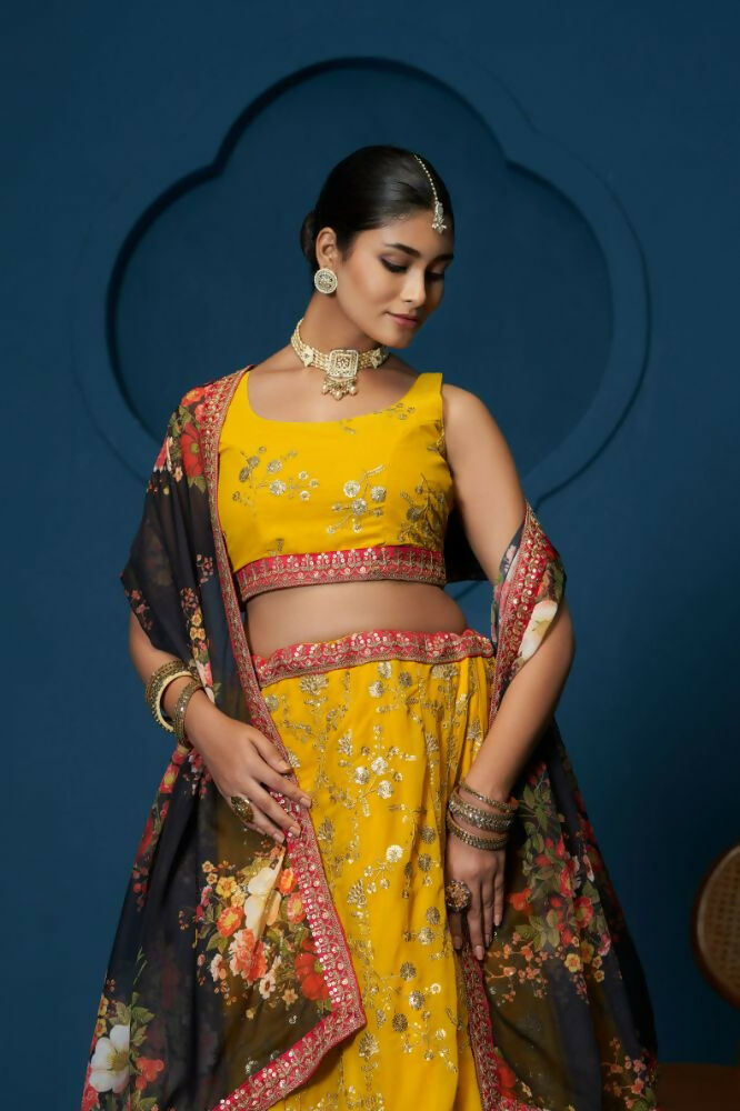 Yellow Floral Georgette Sequence Work Lehenga Choli - Jihu Culture