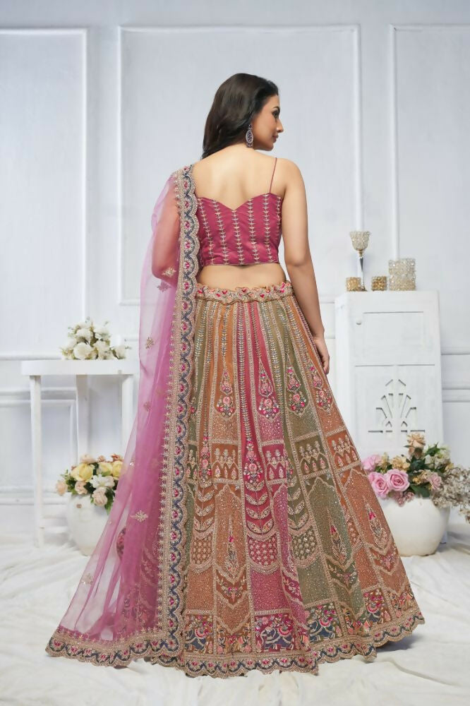 Kesar Fab Multi-Onion Net Embroidered Lehenga