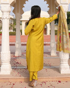 Jyoti Fashion Women's Yellow Cotton Silk Hand Work with Floral Printed Kurta Set
