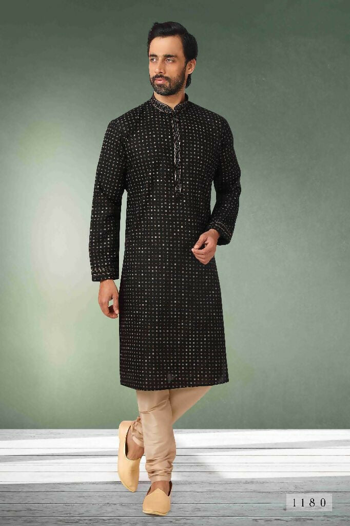 Raivat Ethnic Cotton Printed Work Kurta Pajama In Black Colour