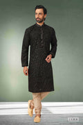 Raivat Ethnic Cotton Printed Work Kurta Pajama In Black Colour