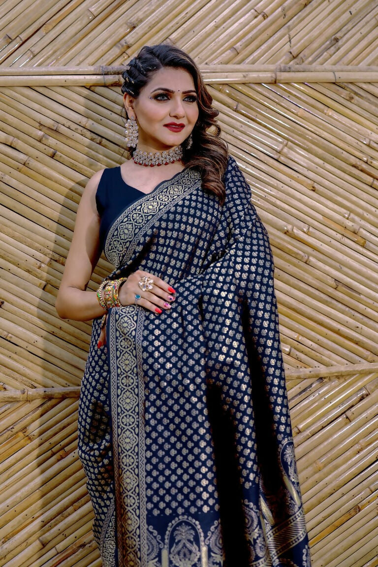 Partywear Designer Dark Blue Banarasi Silk Fancy Saree - Starwalk