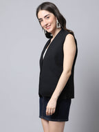 Even Apparels Black Linen Cotton Open Front Women's Waistcoat
