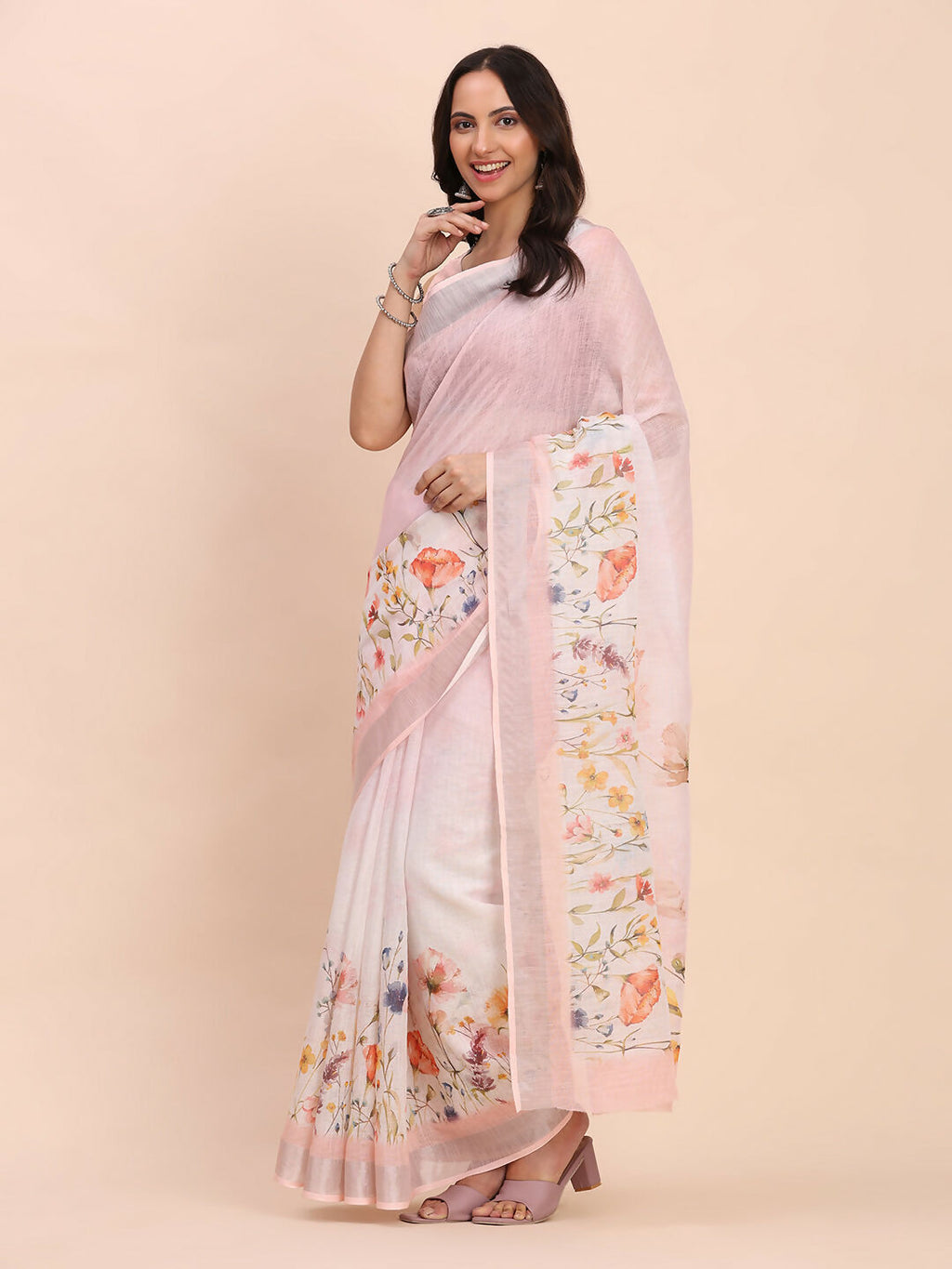 Shree Shyam Fashion Linen Cotton Light Pink Saree - Distacart