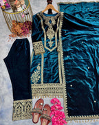 Teeya Creation Teal Color Velvet Fabric Designer Embroidery Work Suit - Distacart
