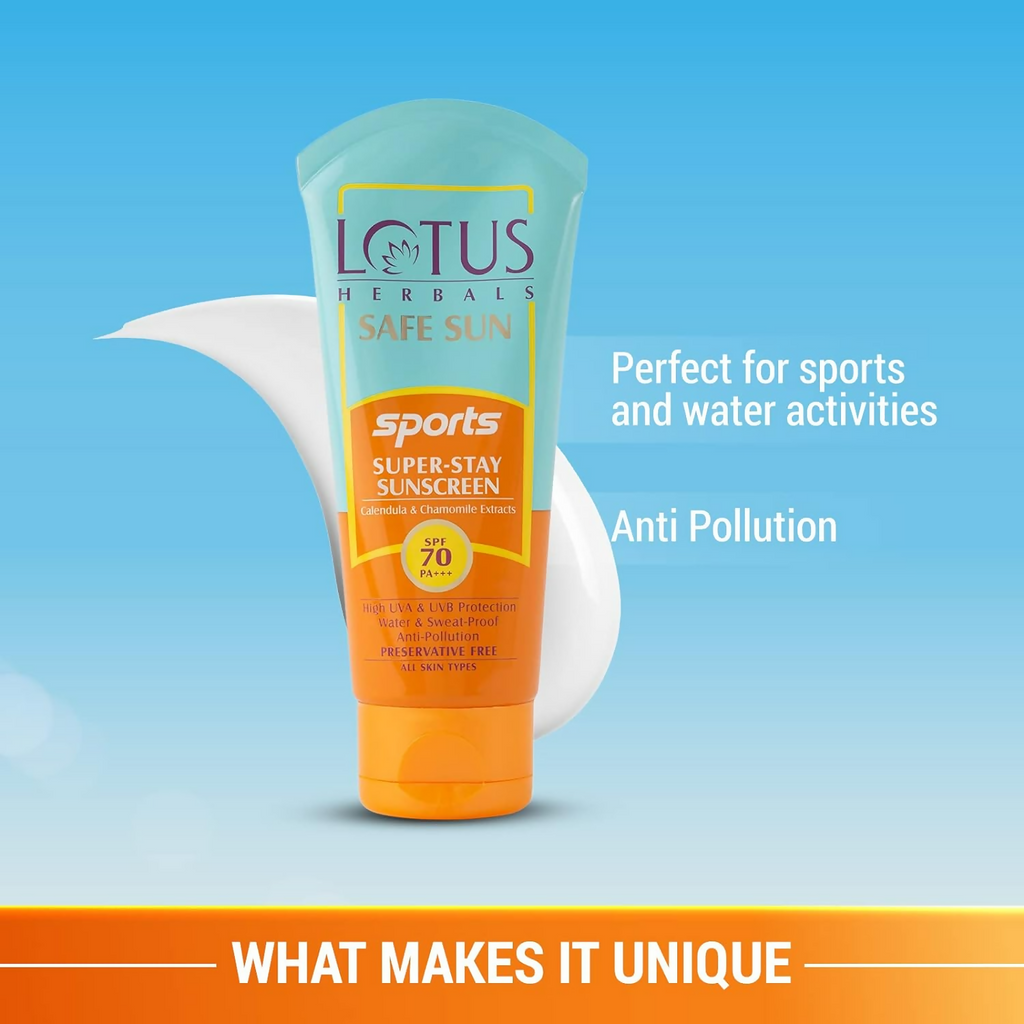 Lotus Herbals Safe Sun Sports Super Stay Sunscreen Cream SPF 70 PA+++ - Distacart