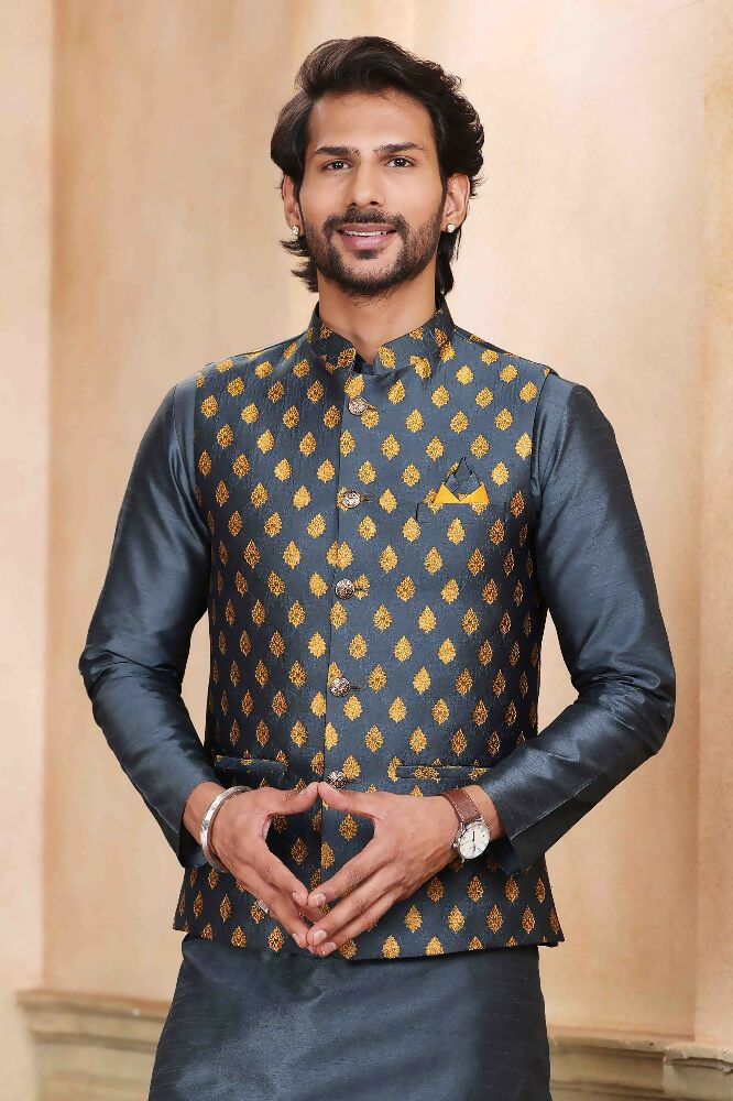 Raivat Ethnic Jacquard Banarasi Silk Woven Work 3 Pics Jacket Set In Dark Grey Colour - Distacart