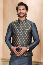 Raivat Ethnic Jacquard Banarasi Silk Woven Work 3 Pics Jacket Set In Dark Grey Colour - Distacart