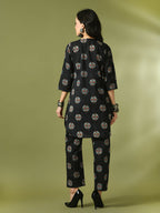 Myshka Women's Black Printed Cotton Round Neck Party Tunic With Trousers Co-ord set