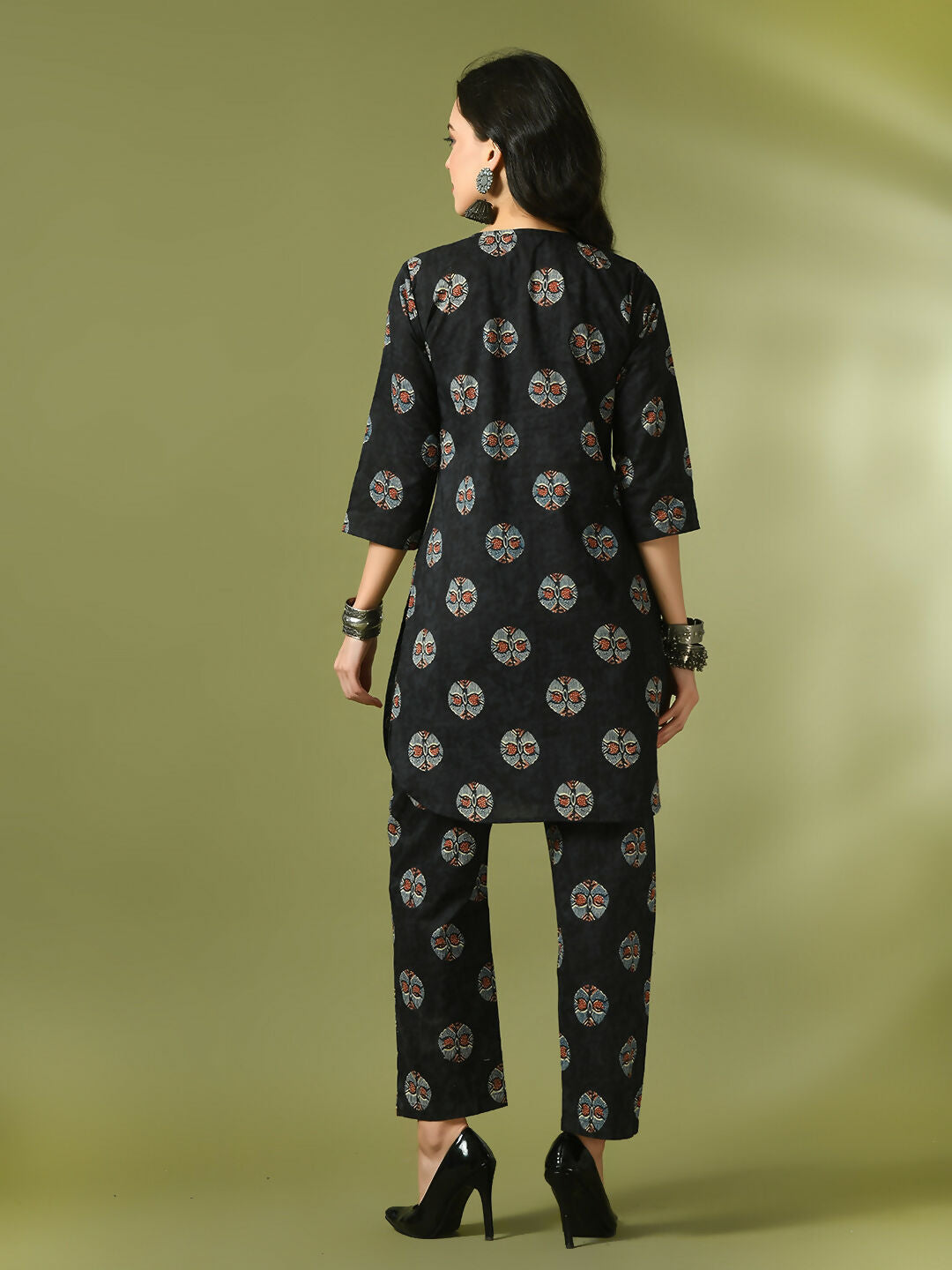 Myshka Women's Black Printed Cotton Round Neck Party Tunic With Trousers Co-ord set