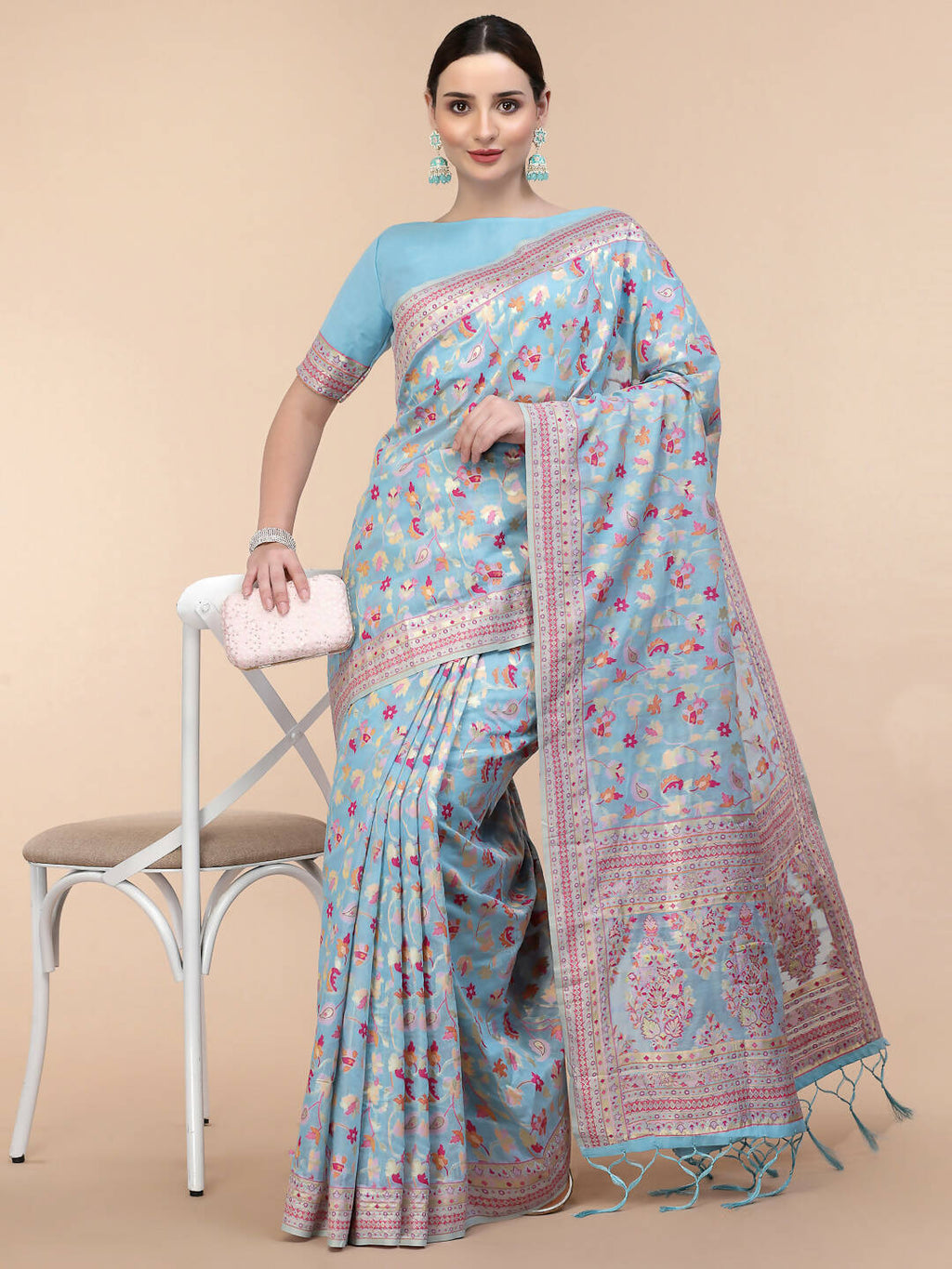 Blue Silk Blend Woven Design Saree With Unstitched Blouse Piece - Aloki