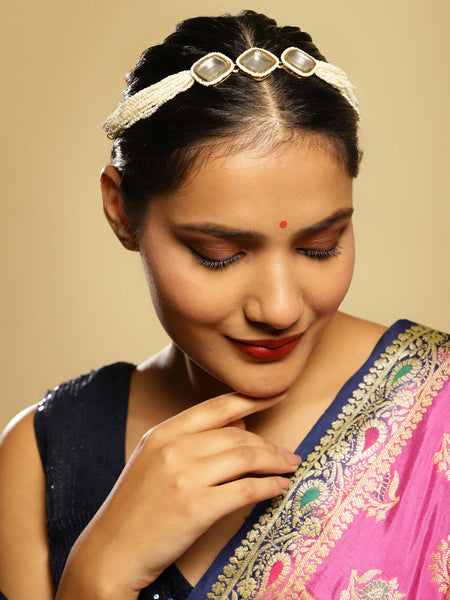 Gold-Polished White Kundan-Studded Pearl Beaded Hair Band - Ruby Raang