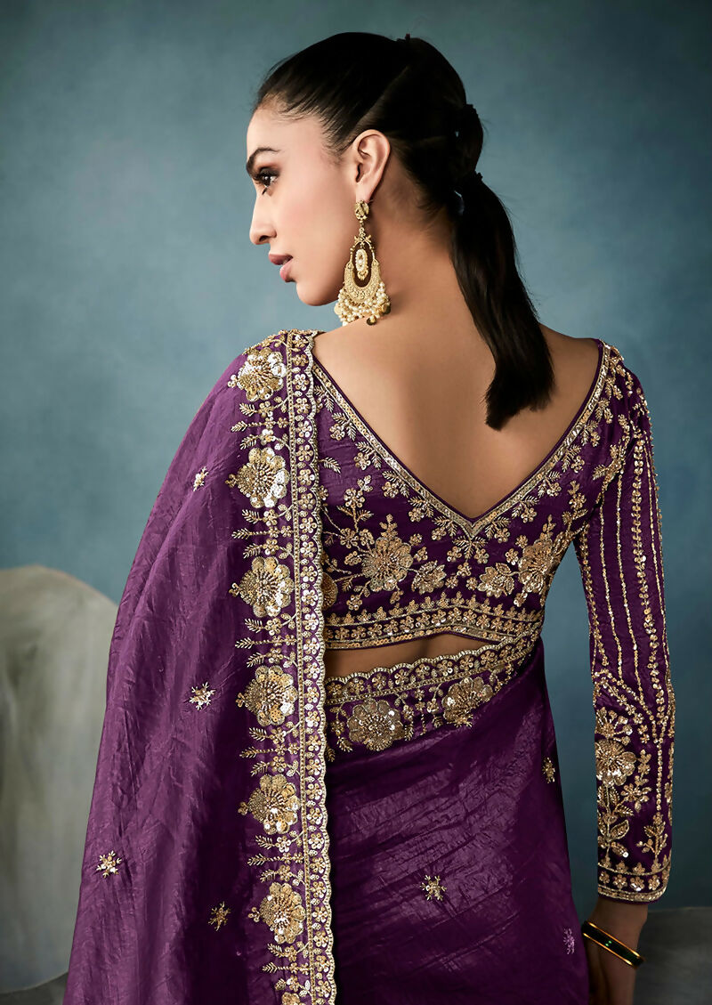 Monjolika Fashion Purple Tissue Embroidered Sequins And Zari Work Saree - Distacart