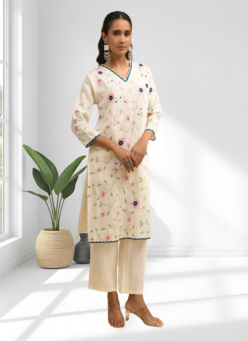Joban Fashion Cream Linen Embroidered Readymade Long Kurta With Pant - Distacart