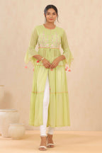 Juniper Women Green Chiffon Embroidered Tiered Kurta - Distacart