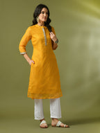 Myshka Women's Yellow Printed Cotton Blend Straight Party Kurta Set