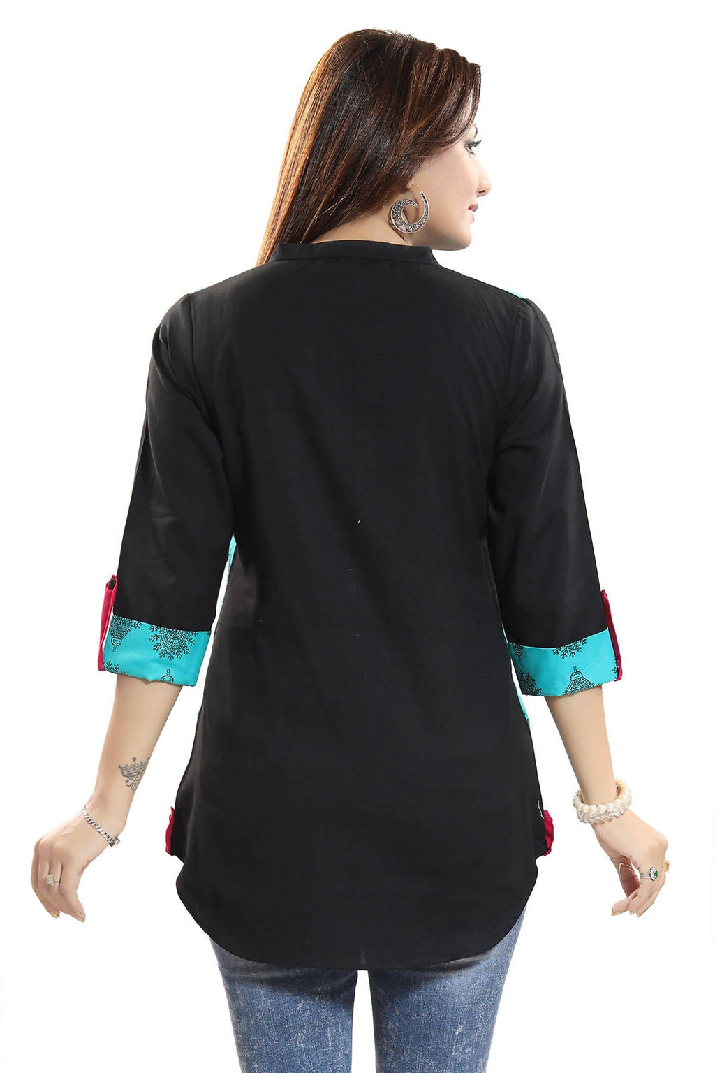 Snehal Creations Luscious Light Rama Cotton Printed Tunic Top With Roll On Sleeves - Distacart