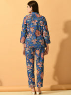 Myshka Women's Blue Printed Coat With Trousers