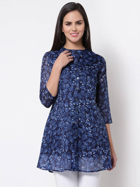 Myshka Women's Trendy Organza Printed 3/4 Sleeve Round Neck Casual Multicolor Tunic