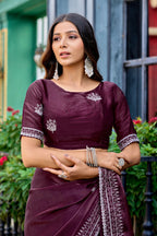 Vastranavya Wine Embroidery Work Shimmer Chiffon Saree with Unstitched Blouse - Distacart