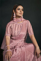 Peach Silk Crepe Georgette Cord Sequence & Thread Embroidered & Stone Work Saree - Moh-Manthan Royal Enigma