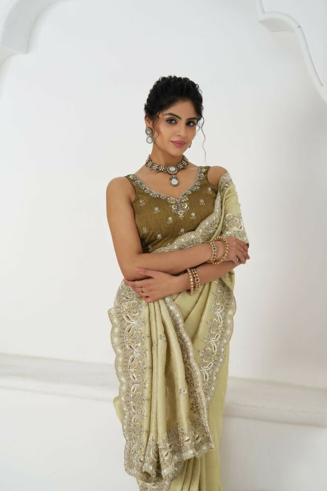 Kesar Fab Latest Chiku/ Champagne Pure Dola Viscouse Silk With Sequins And Beads Embroidery For Festivals Saree