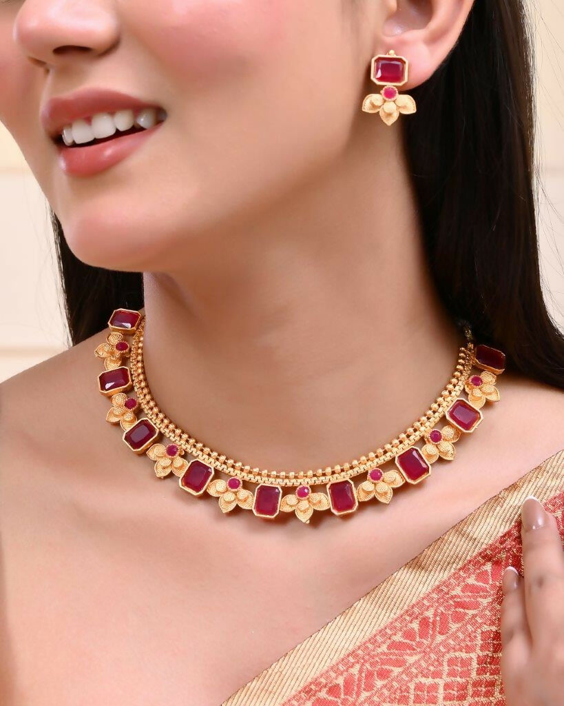 VOJ Gold-Polished Traditional Maroon Stone Studded Jewellery Set