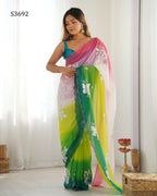 Green Georgette Pedding Color, Embroidery Work Party Wear Saree - Erisha