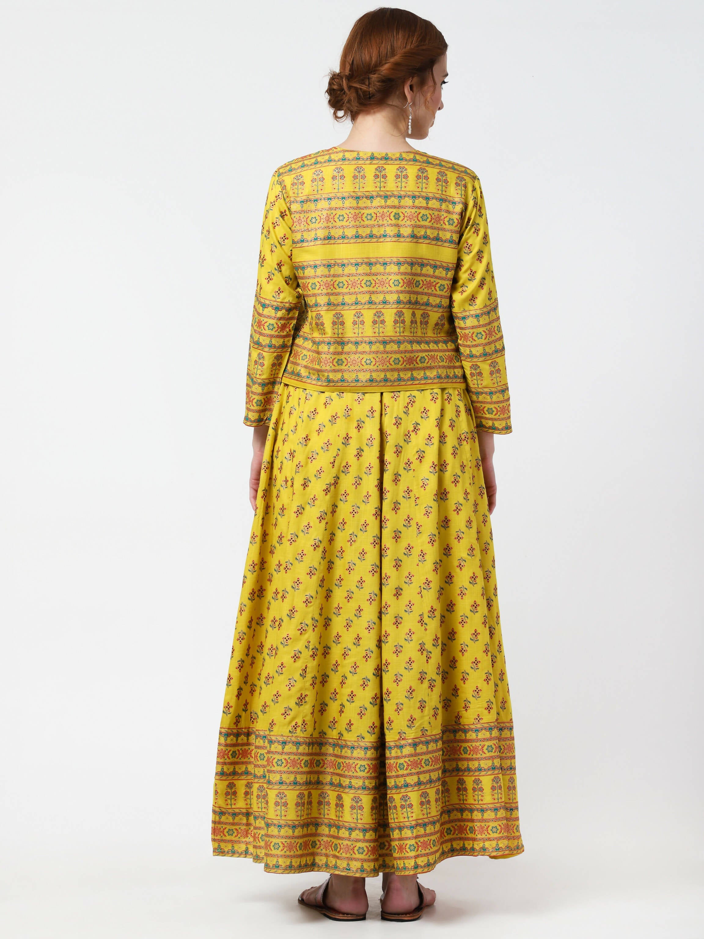 Cheera Women's Mustard Viscose Cotton Long Kalidar Kurta With Jacket