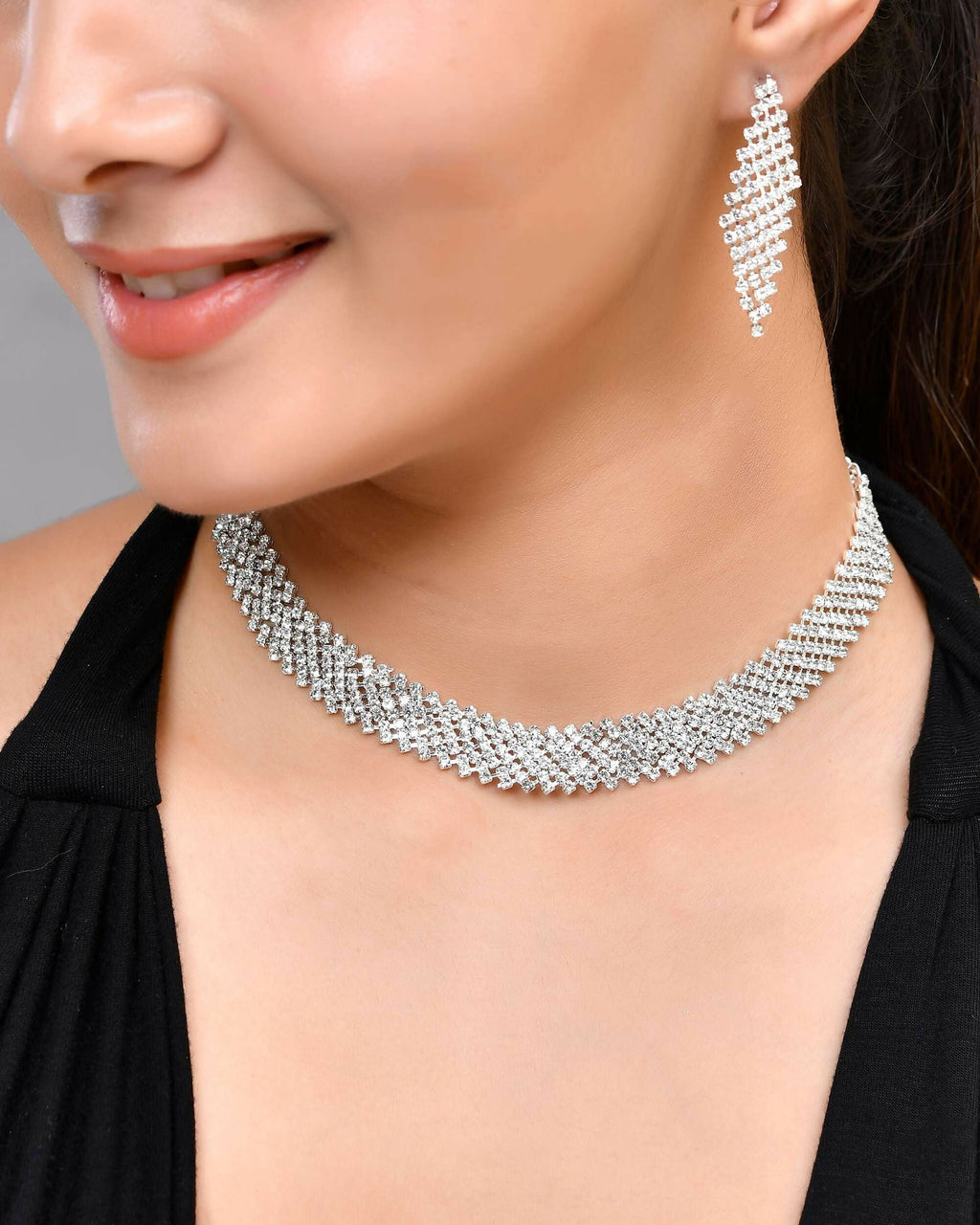 VOJ Silver Plated AD Studded Choker And Earrings Set