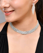 VOJ Silver Plated AD Studded Choker And Earrings Set