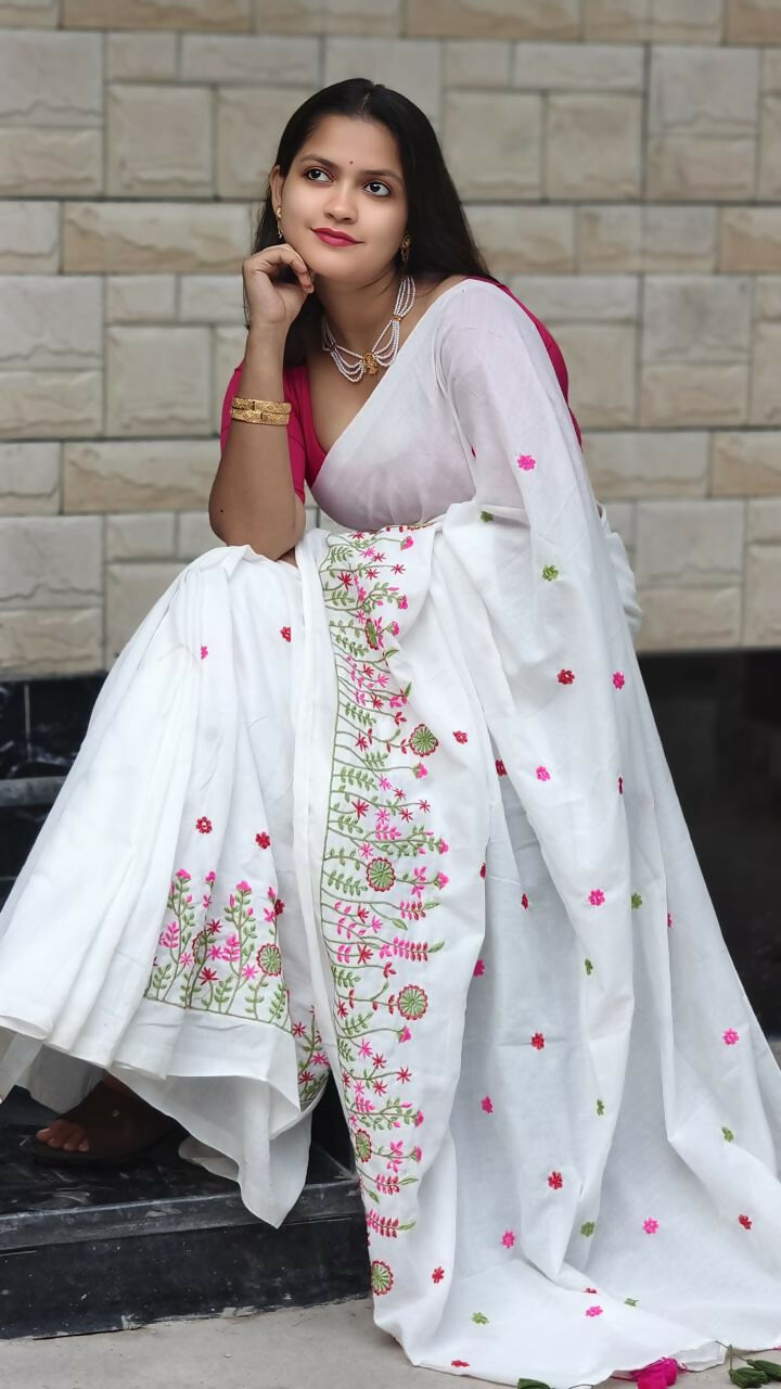 Exclusive Collection White Pure Cotton Handloom Embroidered Saree