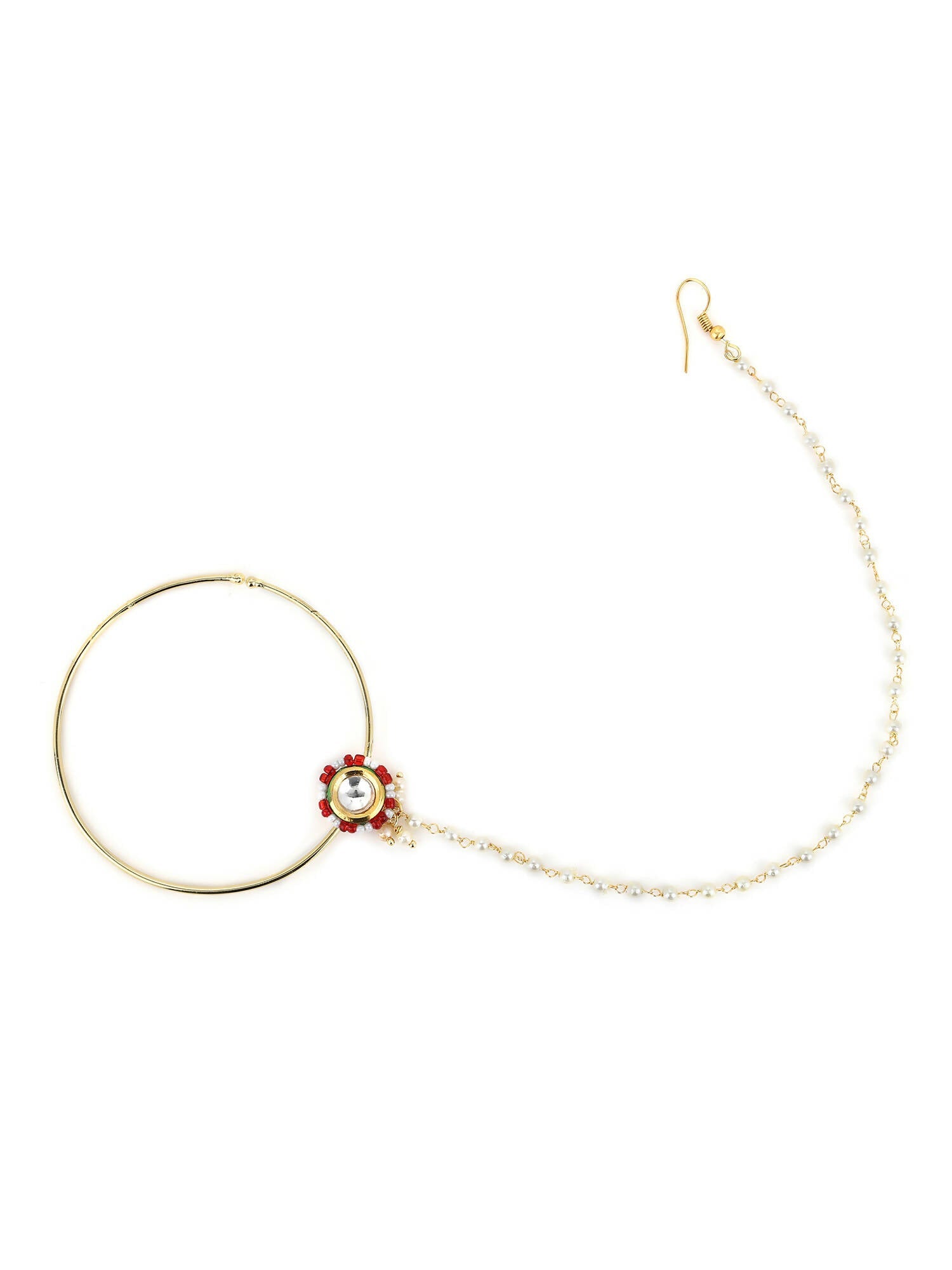 Gold-Pleated Red White Kundan Studded Beaded Chained Nosepin - Ruby Raang - Distacart
