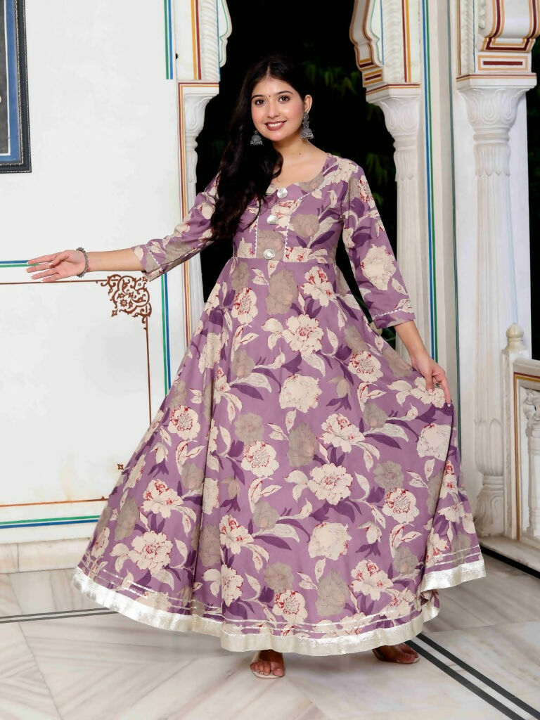 Miravan Women's Purple Flower Printed With Beautiful Lace Border Details Anarkali Kurta