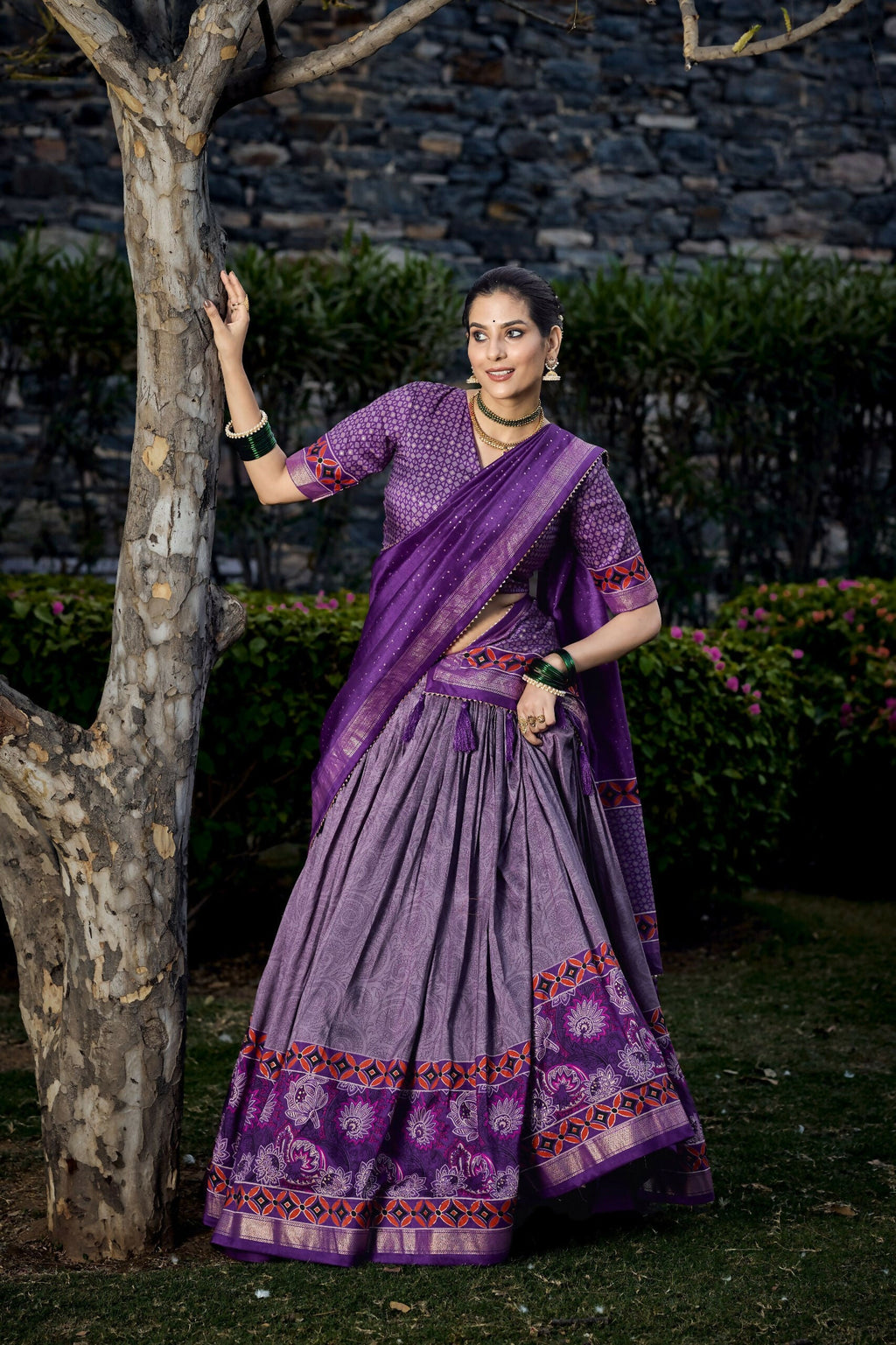 Vastranavya Floral Print With Foil Print Tussar Silk Lehenga With Unstitched Blouse - Purple