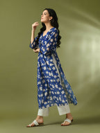 Myshka Women's Blue Printed Georgette A-Line Nyra-cut Kurta