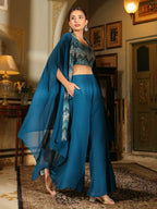 Janasya Teal Blue Georgette Embroidered Top Bottom Cape